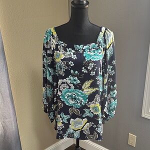 LOFT Navy Floral Square-Neck Blouse with Teal and Yellow Accents